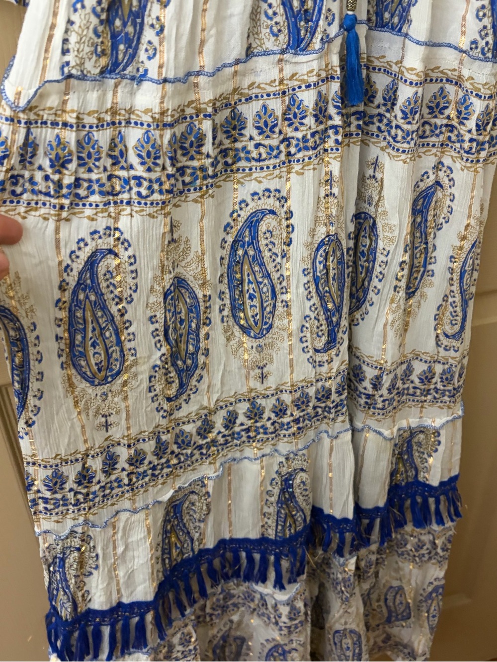 Boho Anthropology Off-Shoulder Maxi Dress in White, Blue, and gold - Picture 4 of 6